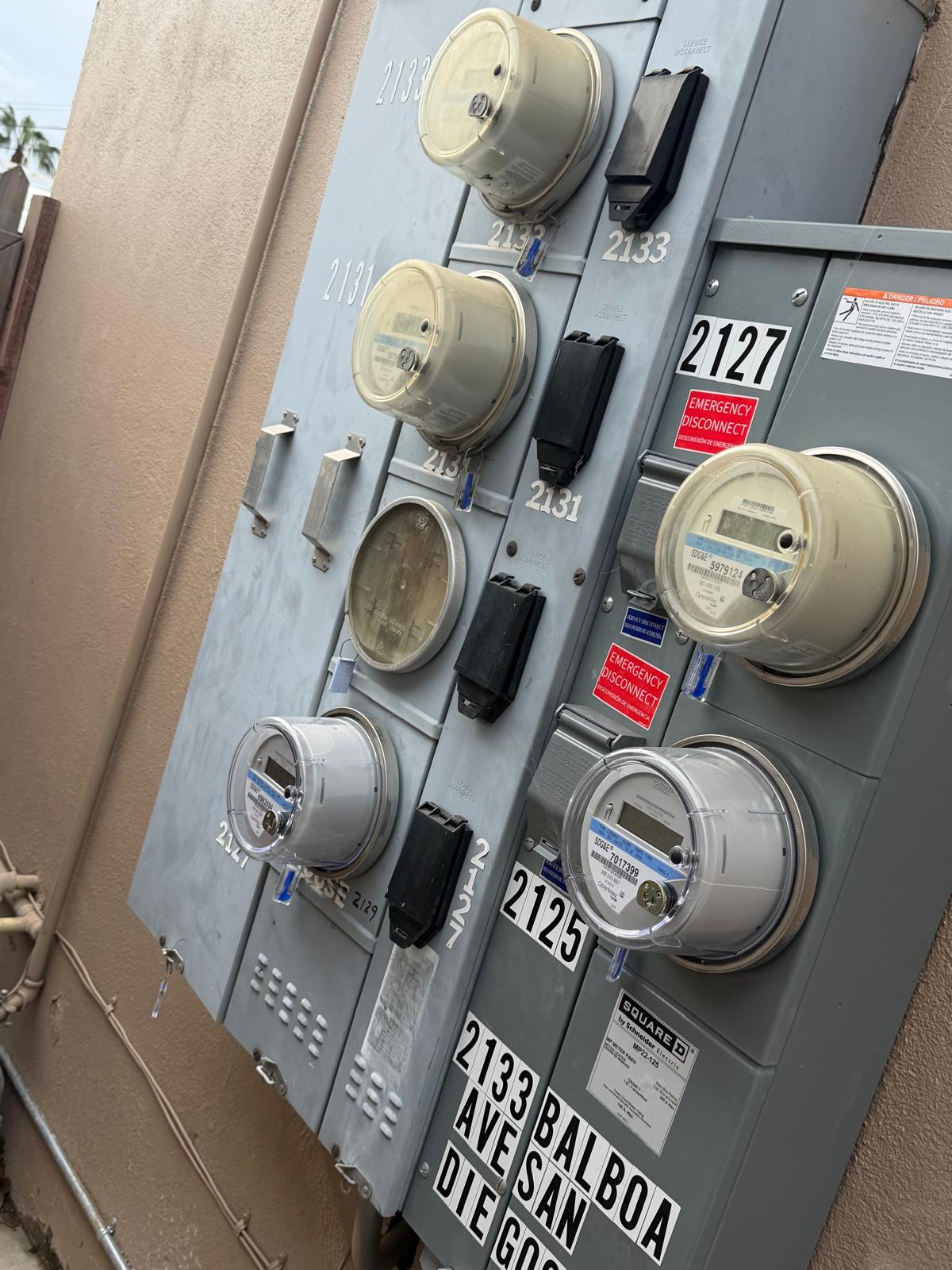 Commercial electric meter bank on a San Diego building